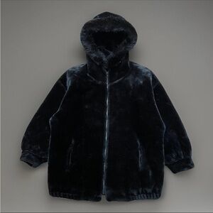 Charles Klein Womens Size 8 Black Faux Fur Zip Coat Winter Elegant Jacket Hooded